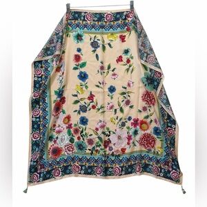 Johnny Was Nani silk scarf Cream Floral with Multicolor Border Tassels